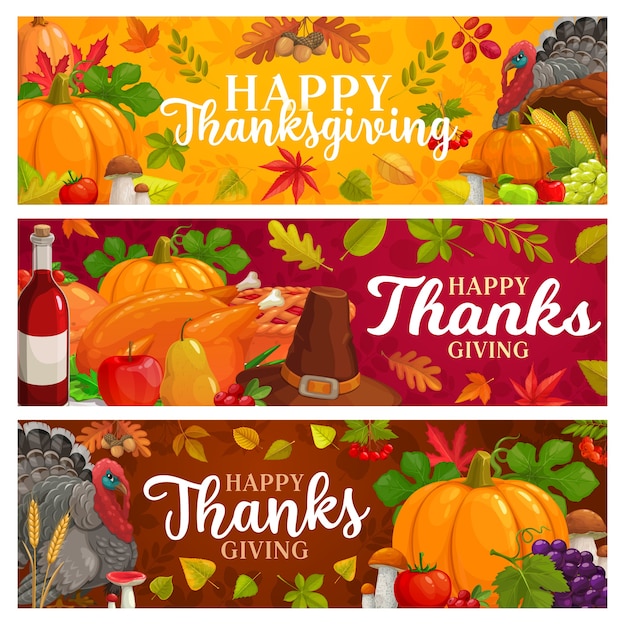 Premium Vector Happy Thanksgiving Banners With Falling Leaves Autumn Harvest Pumpkin Turkey With Hat And Wine Mushrooms Maple Oak Or Poplar And Birch Tree With Rowan Thanks Giving Day Seasonal Greetings