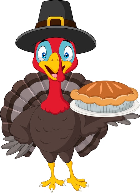 Premium Vector | Happy thanksgiving card with turkey holding pie