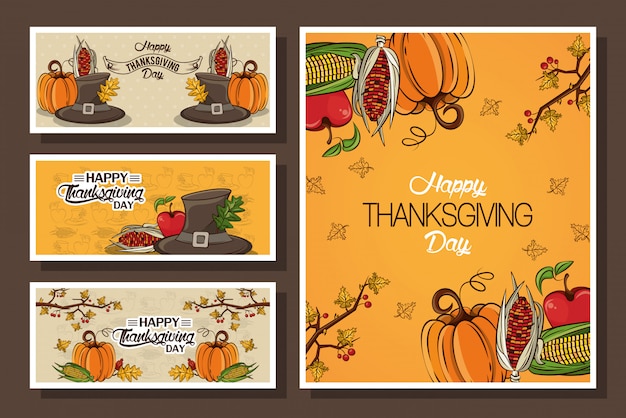 Happy thanksgiving day bundle of cards Premium Vector