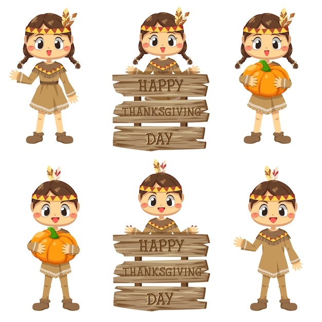 Free Vector Happy Thanksgiving Day Icons With Girls And Signs Made Of Various Wood