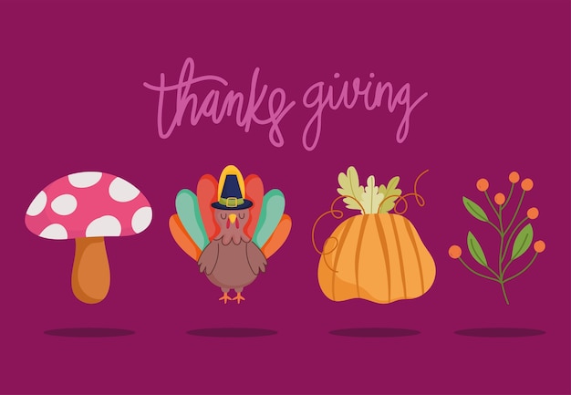 Premium Vector Happy Thanksgiving Day Turkey Pumpkin Mushroom Branch