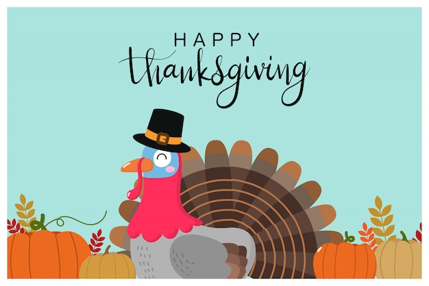 Premium Vector | Happy Thanksgiving Greeting Card With Cute Turkey And ...