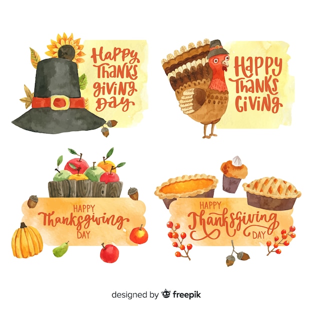 Happy thanksgiving watercolor badge collection | Free Vector