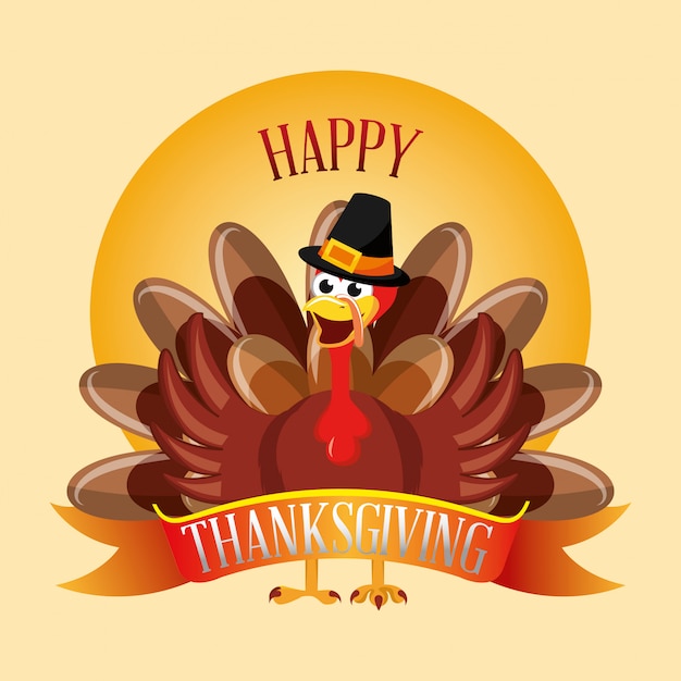 Premium Vector Happy Thanksgiving With Turkey Cartoon With Hat Thanskgiving Card
