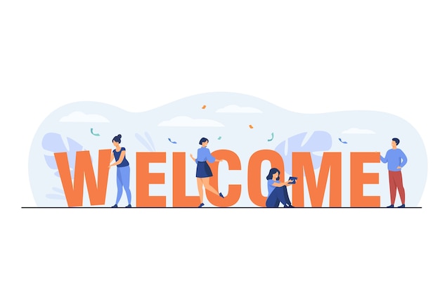 Happy tiny people near huge welcome word flat illustration. Free Vector