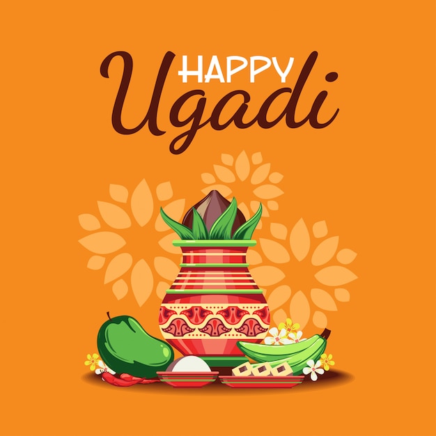 Premium Vector | Happy ugadi greeting card with decorated kalash