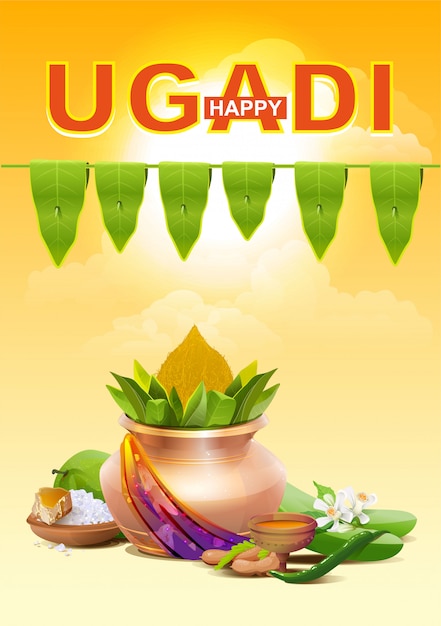 Happy ugadi. template greeting card for holiday ugadi. gold pot