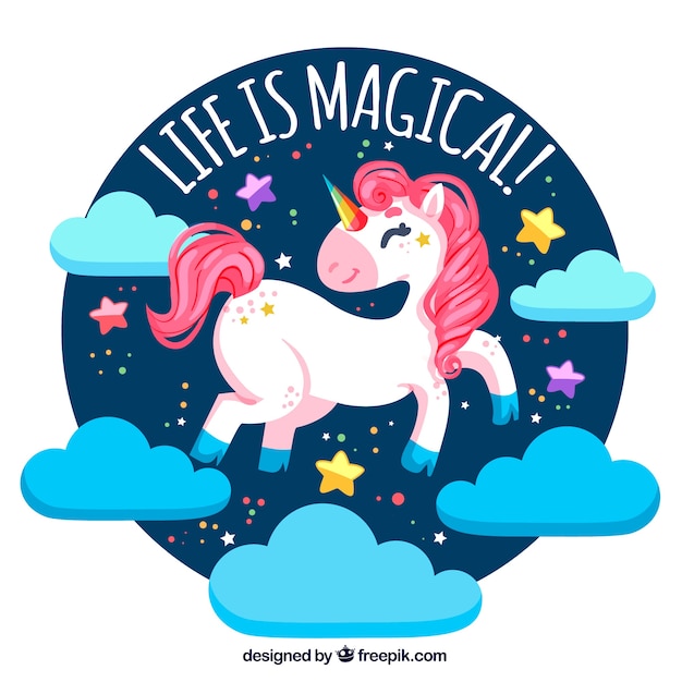 Happy unicorn background with clouds and text
