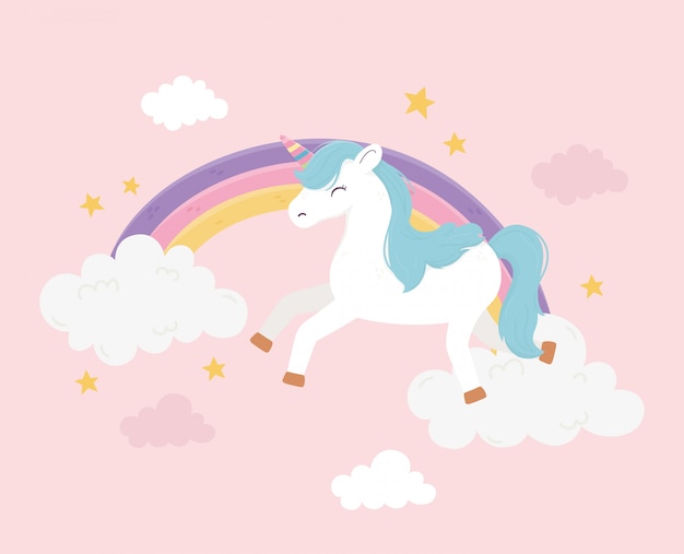 幸せなユニコーン虹雲空ファンタジー魔法夢夢かわいい漫画ピンクの背景イラスト プレミアムベクター