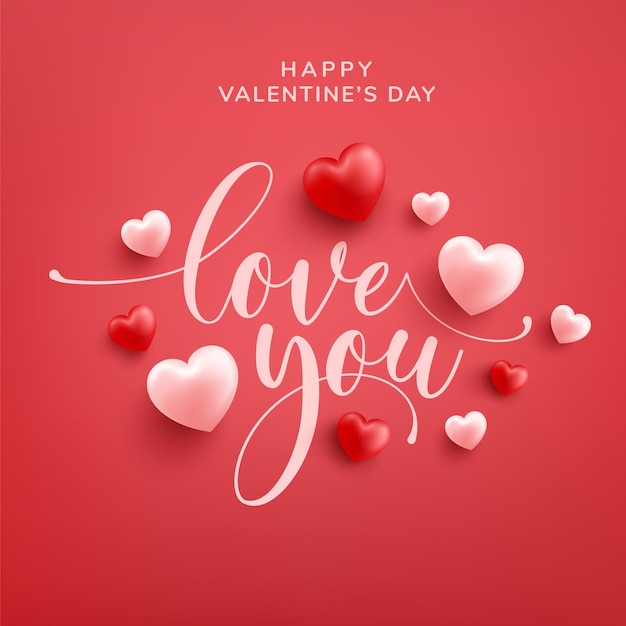 愛の言葉の手描きのレタリングと赤とピンクのハートと赤の書道と幸せなバレンタイングリーティングカード プレミアムベクター