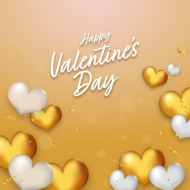 Download Premium Vector | Happy valentine's day font with glossy hearts and confetti decorated on golden ...