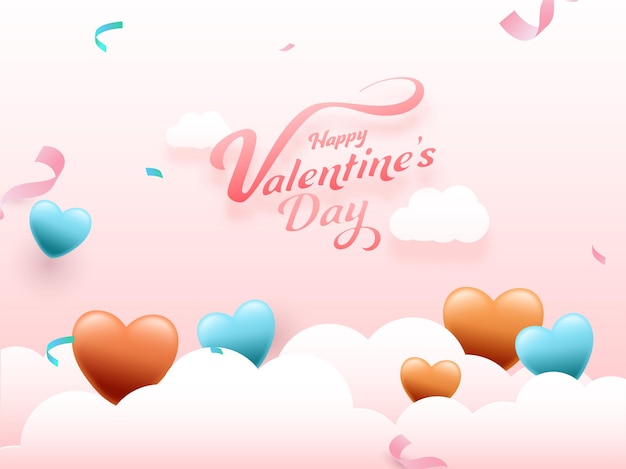 Download Premium Vector | Happy valentine's day font with glossy hearts, confetti ribbon decorated on ...