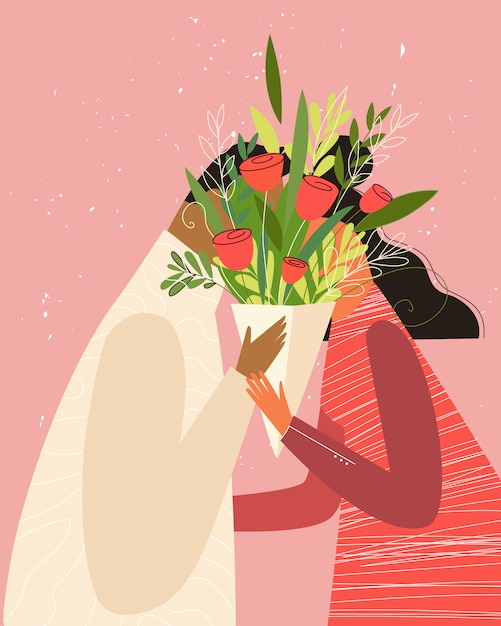 プレミアムベクター 幸せなバレンタインデーのイラスト 花の後ろにキス愛のかわいいロマンチックなカップル