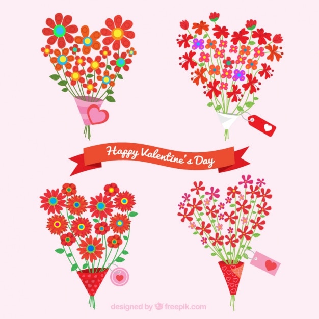 Happy valentine\'s day with four beautiful\
bouquets