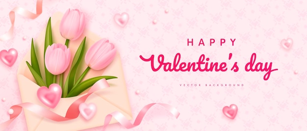 Premium Vector | Happy valentines day banner with envelope and tulips