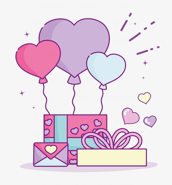 Happy valentines day, gift box with balloons and envelope ...