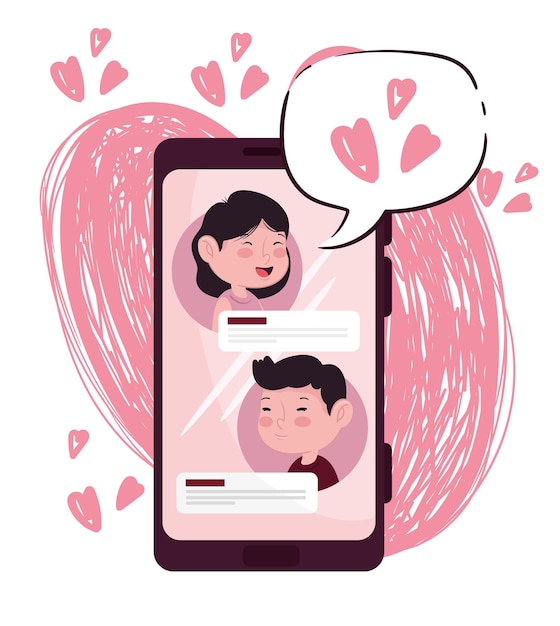 スマートフォンのイラストで恋人カップルと幸せなバレンタインデーのレタリングカード プレミアムベクター