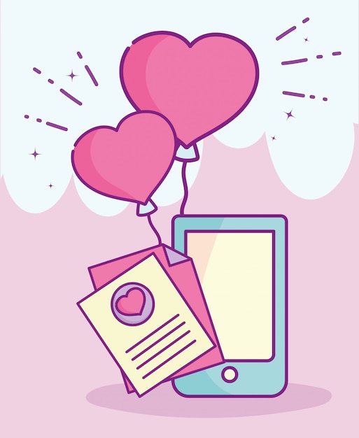 幸せなバレンタインデー 電話メッセージ文字風船心愛ベクトルイラスト プレミアムベクター