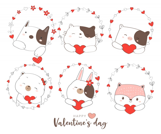 Download Happy valentines day with cute animal cartoon hand drawn ...