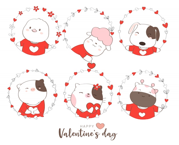 Download Happy valentines day with cute animal cartoon hand drawn ...