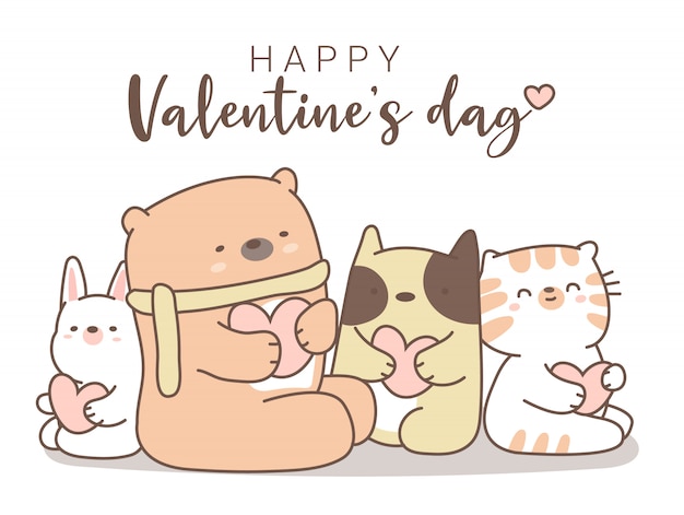 Download Happy valentines day with cute animal cartoon hand drawn ...