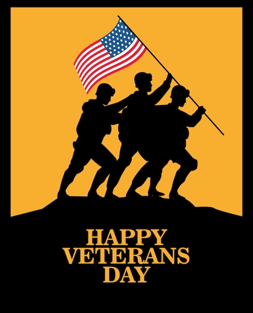 ポールシルエットベクトルイラストデザインで米国旗を持ち上げる兵士と幸せな退役軍人の日のお祝い プレミアムベクター