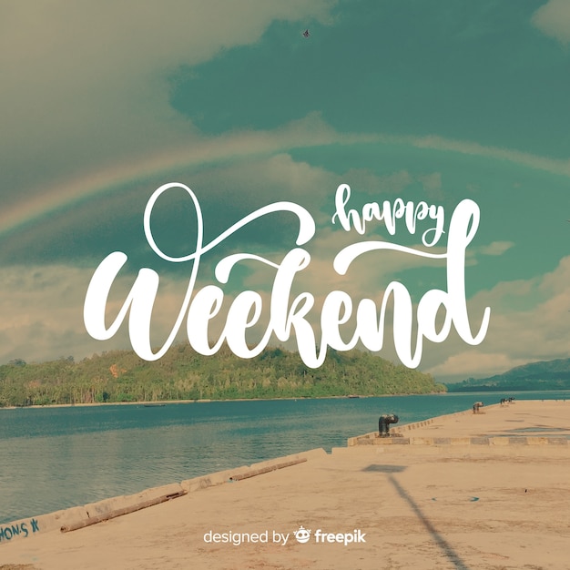 Free Vector | Happy weekend lettering with photography background