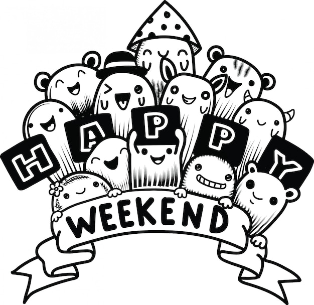 Premium Vector Happy Weekend With Funny Cartoon Doodles Monster 7664