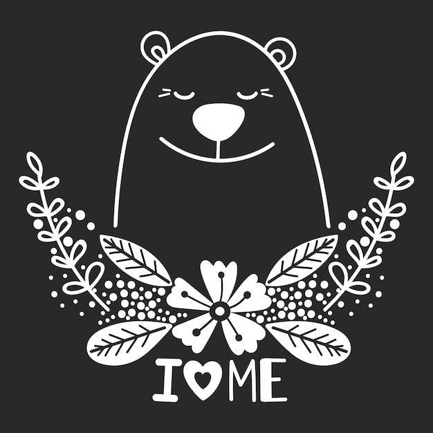 Premium Vector | Happy white bear with floral elements and lettering i love me on black background