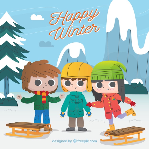 Happy winter background with three children going to ride sledges