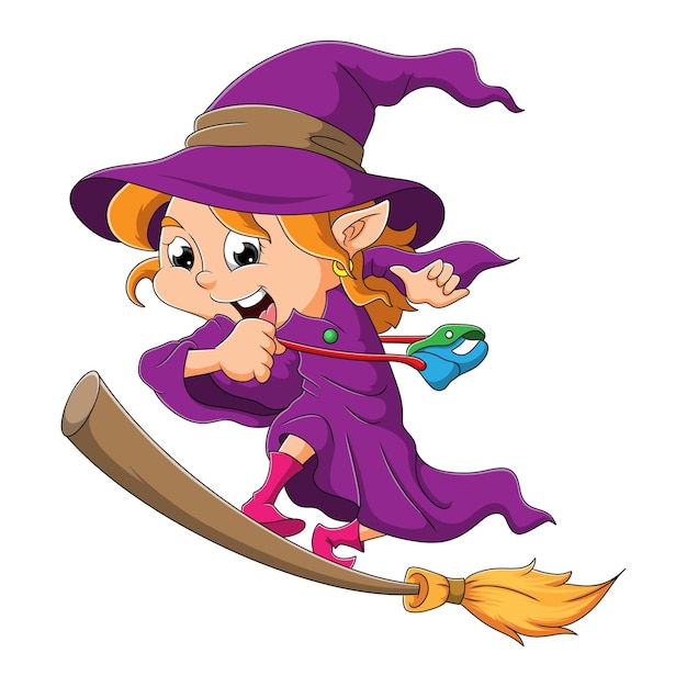 Premium Vector | The happy witch is standing in the magic broom of ...