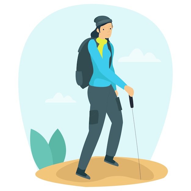 Premium Vector | Happy woman is climbing a mountain alone in spring