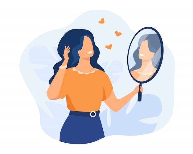 Happy woman looking at herself in mirror Free Vector