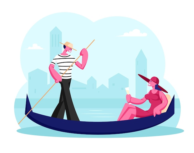 シャンパングラスを手にゴンドラに座っている幸せな女性 ヴェネツィアの運河で男ゴンドラフローティングボート 漫画フラットイラスト プレミアムベクター