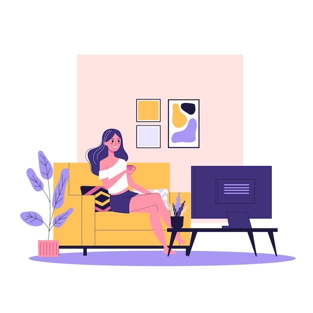 ソファーに座ってテレビ番組を見る幸せな女 快適なソファ 自宅でリラックス 漫画のスタイルのイラスト プレミアムベクター