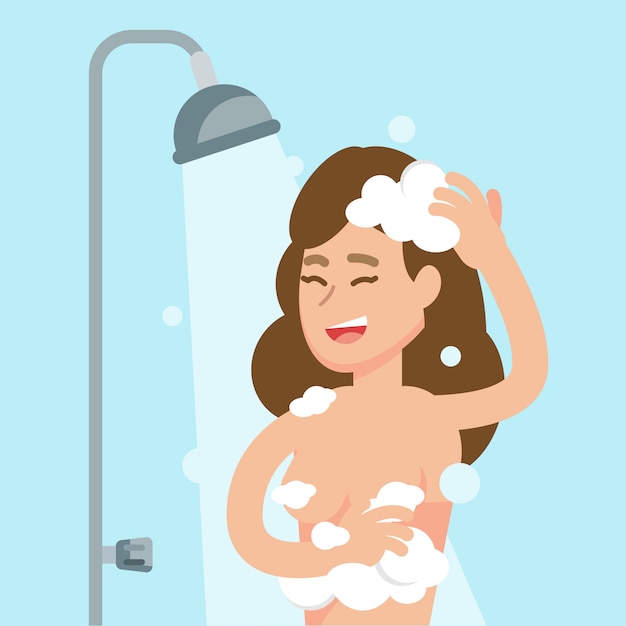 Premium Vector Happy Woman Taking Shower In Bathroom Concept Flat
