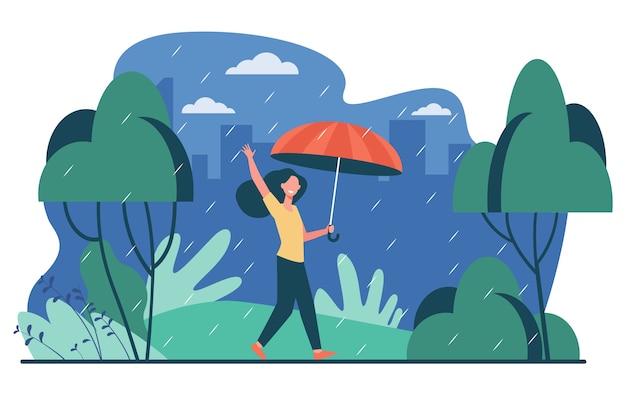 傘孤立フラットベクトルイラストと雨の日に歩く幸せな女性 屋外と秋の雨である漫画の女性キャラクター 風景と天気の概念 無料のベクター