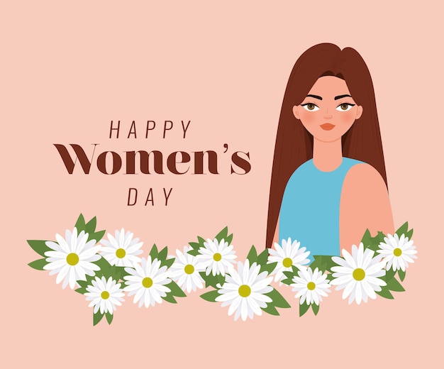 幸せな女性の日のレタリング 茶色の髪と花のイラストと女性 プレミアムベクター