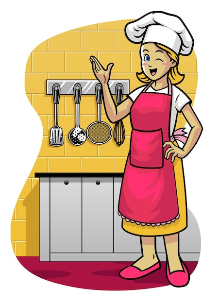 Premium Vector Happy Women Wearing Apron In The Kitchen