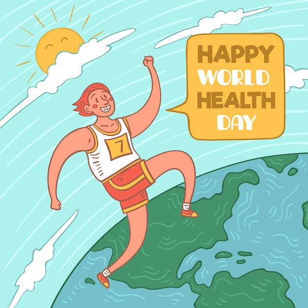 Happy world health day with person running Free Vector