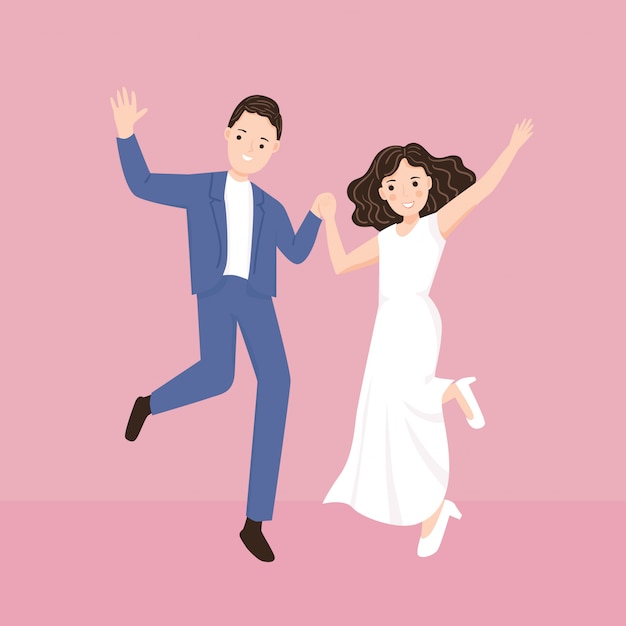 プレミアムベクター ウェディングドレスで幸せな若いカップルが一緒にイラストをジャンプします