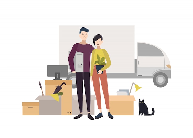 Premium Vector Happy Young Couple Moving Into A New House With Things Cartoon Illustration In Style