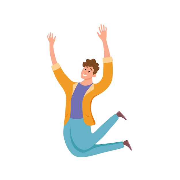 さまざまなポーズでジャンプする幸せな若い男ベクトルイラスト 手を上げて楽しい笑う男の漫画の概念 パーティー スポーツ ダンス 幸福 成功のためのフラットポジティブボーイライフスタイルデザイン プレミアムベクター