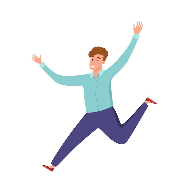 さまざまなポーズでジャンプする幸せな若い男ベクトルイラスト 手を上げて楽しい笑う男の漫画の概念 パーティー スポーツ ダンス 幸福 成功のためのフラットポジティブボーイライフスタイルデザイン プレミアムベクター