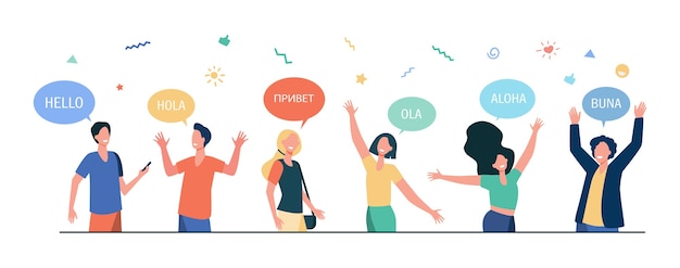 Happy young people saying hello in different languages. students with speech bubbles and hands in greeting gesture. Free Vector