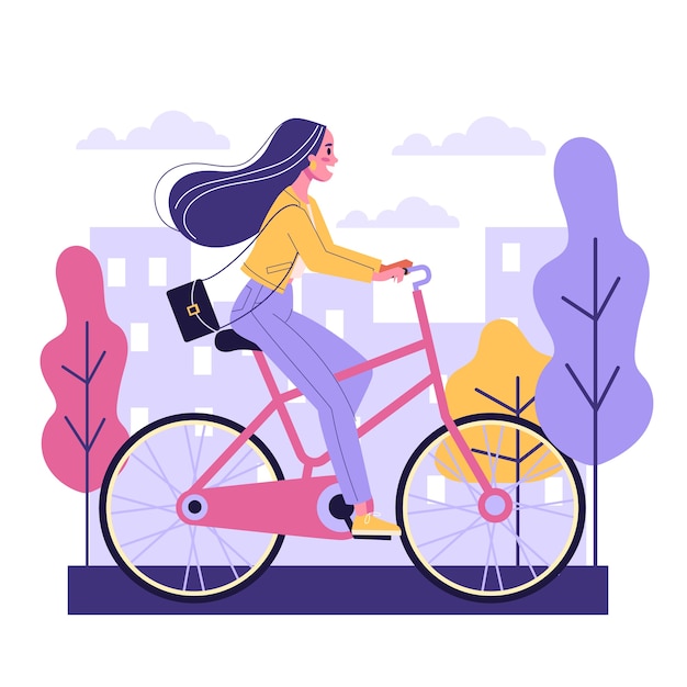 幸せな若い女は自転車の側面図に乗る 健康的でアクティブなライフスタイル 自転車の女の子 漫画のスタイルのイラスト プレミアムベクター