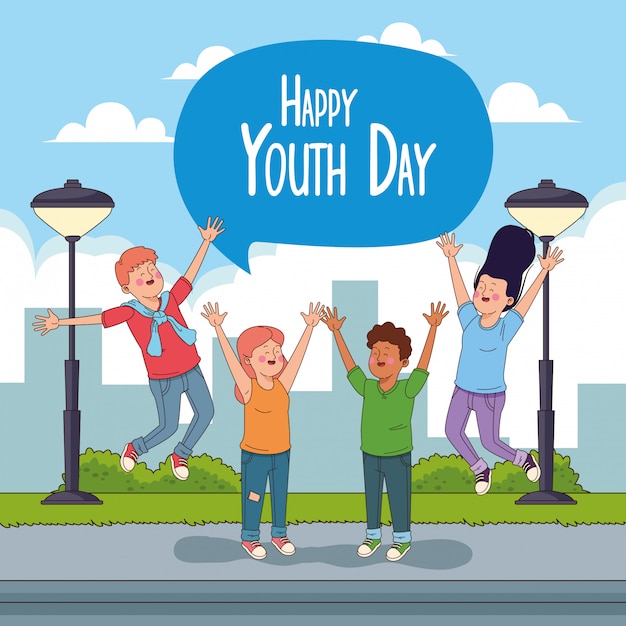 Happy youth day card with teenagers cartoons | Free Vector