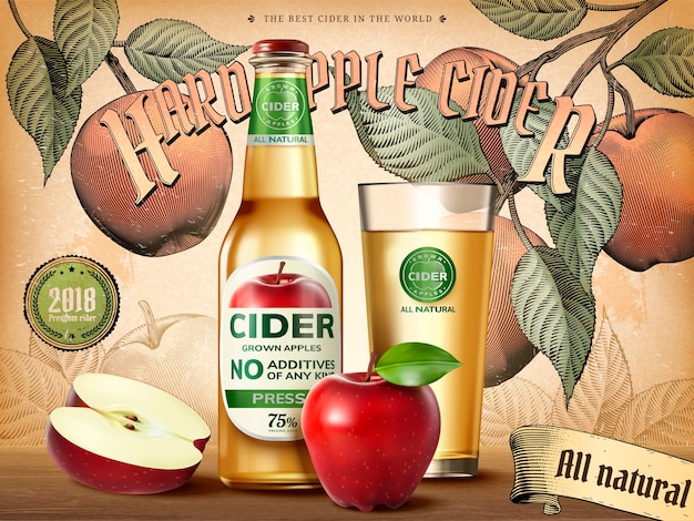 ハードアップルサイダー広告 イラストのリアルなリンゴと容器 レトロな彫刻スタイルの背景とさわやかな飲み物 プレミアムベクター
