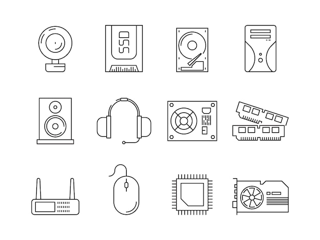 Premium Vector Hardware Pc Components Symbols Of Computer Items Processor Server Ssd Or Hdd Memory Ram Line Icons