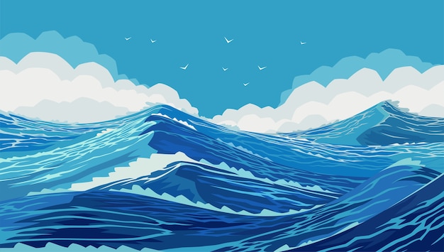 Premium Vector Harsh Ocean With Large Sea Waves Drawing Of Ocean Spaces Wavy And Beautiful Sea The Pacific Ocean Is Raging Large And Strong Blue Waves Raging Ocean Waves In The